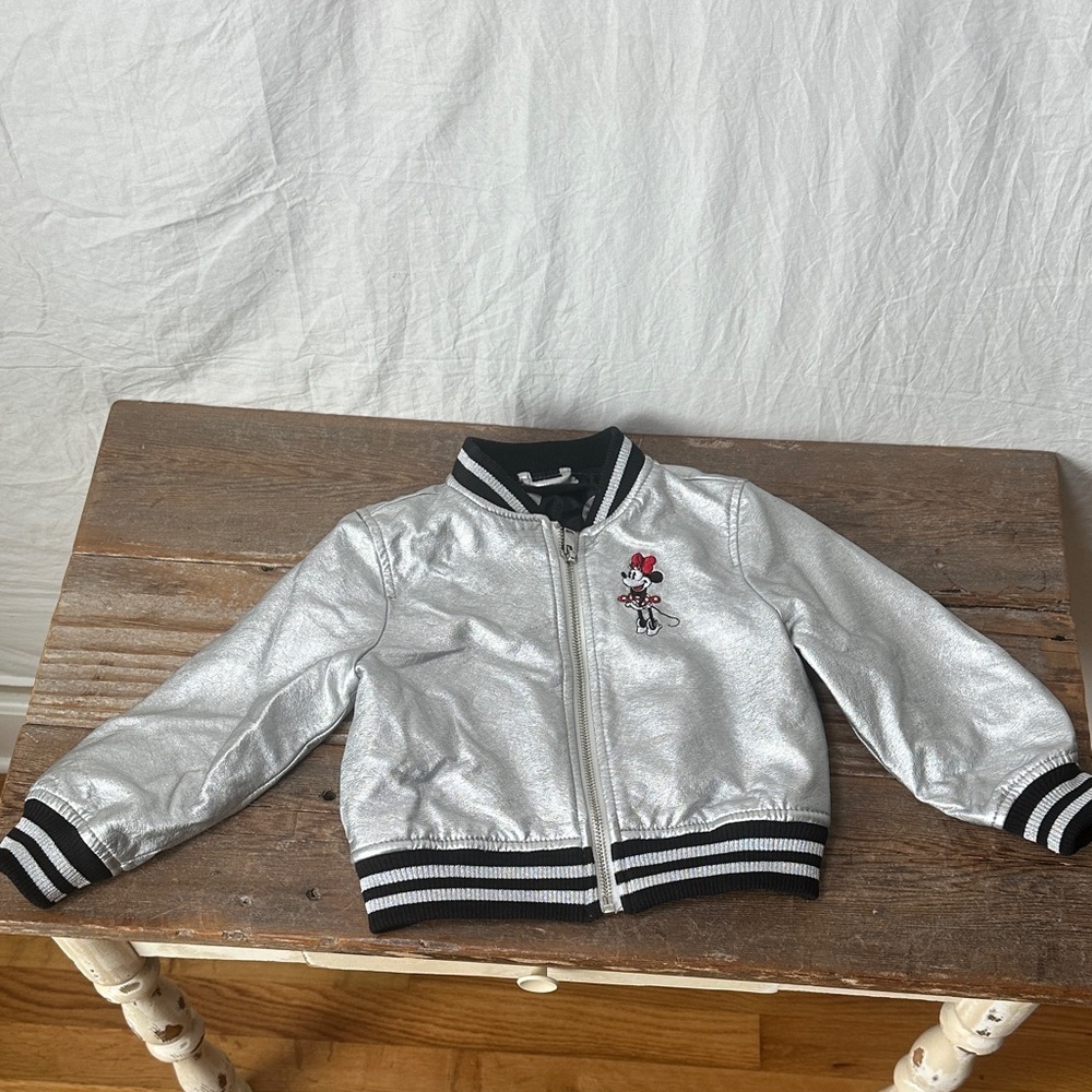 Disney Silver Metallic Bomber Jacket with Black Trim and Minnie Patch